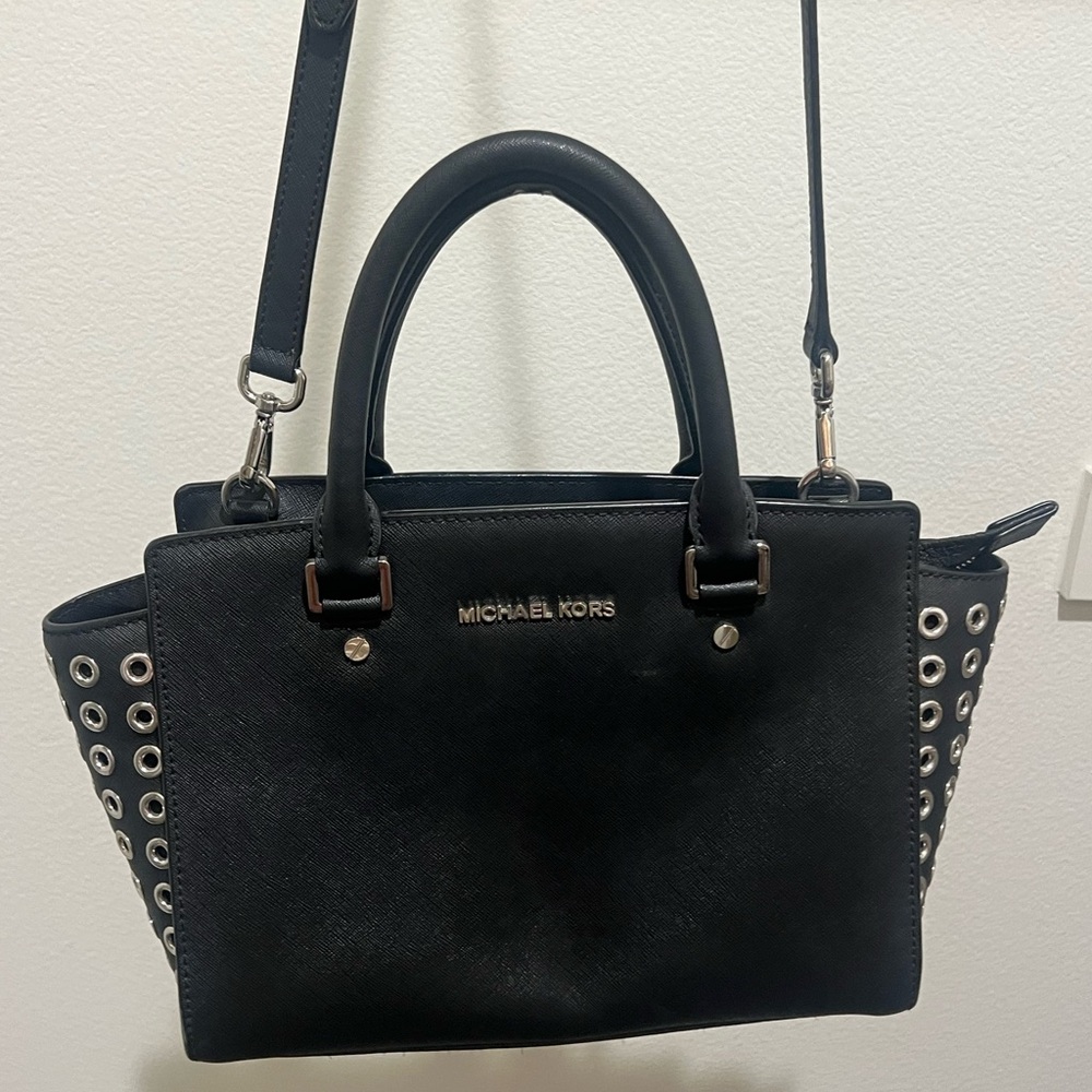 Michael Kors Black Leather Satchel with Silver Grommet Accents
